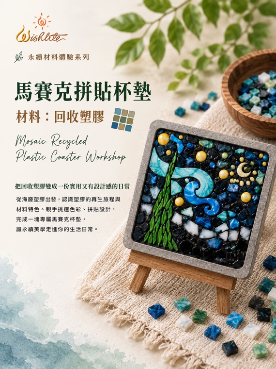 回收塑膠・星空馬賽克杯墊:用回收塑膠拼貼的專屬杯墊。